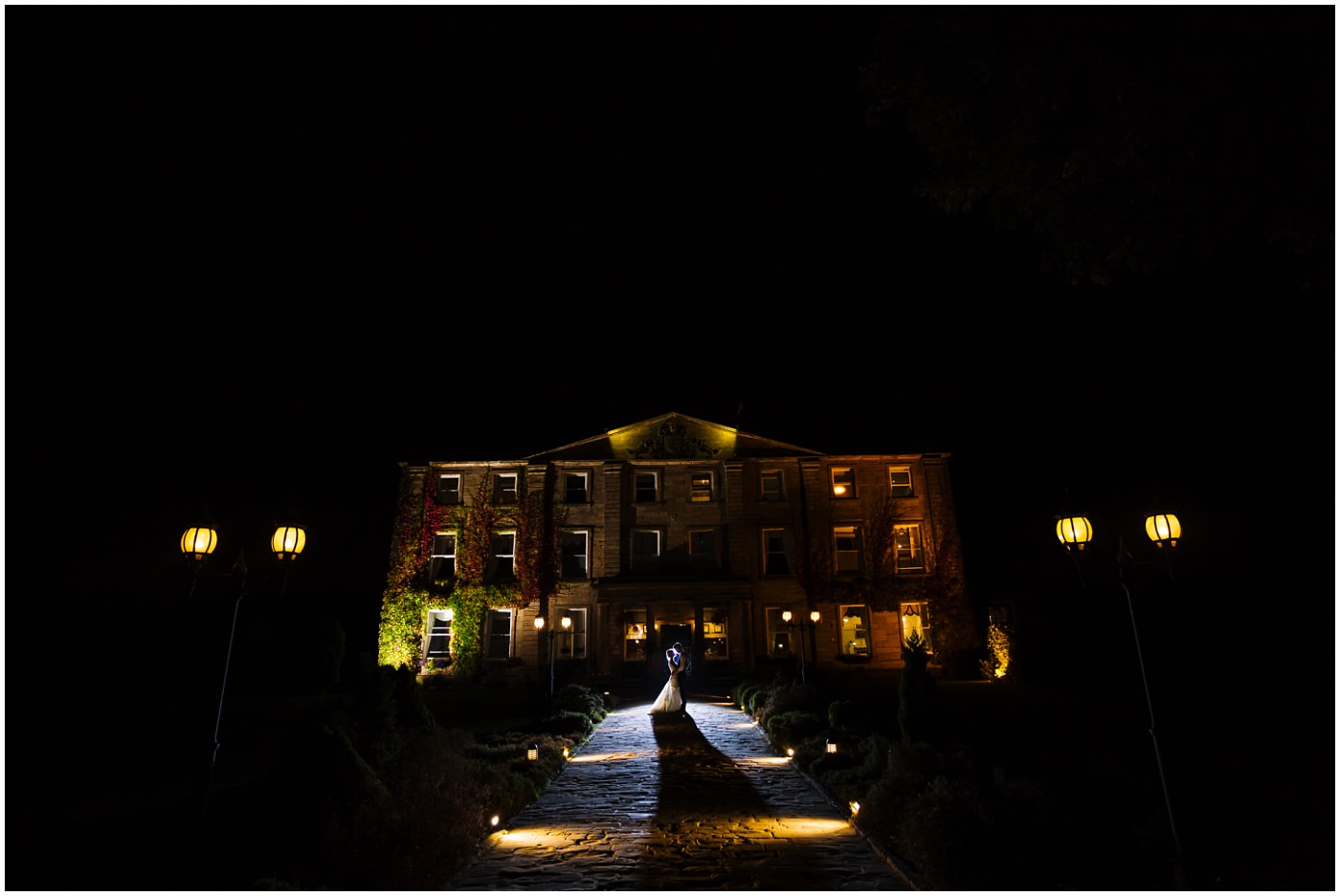 stunning wedding portrait at Walton Hall at night