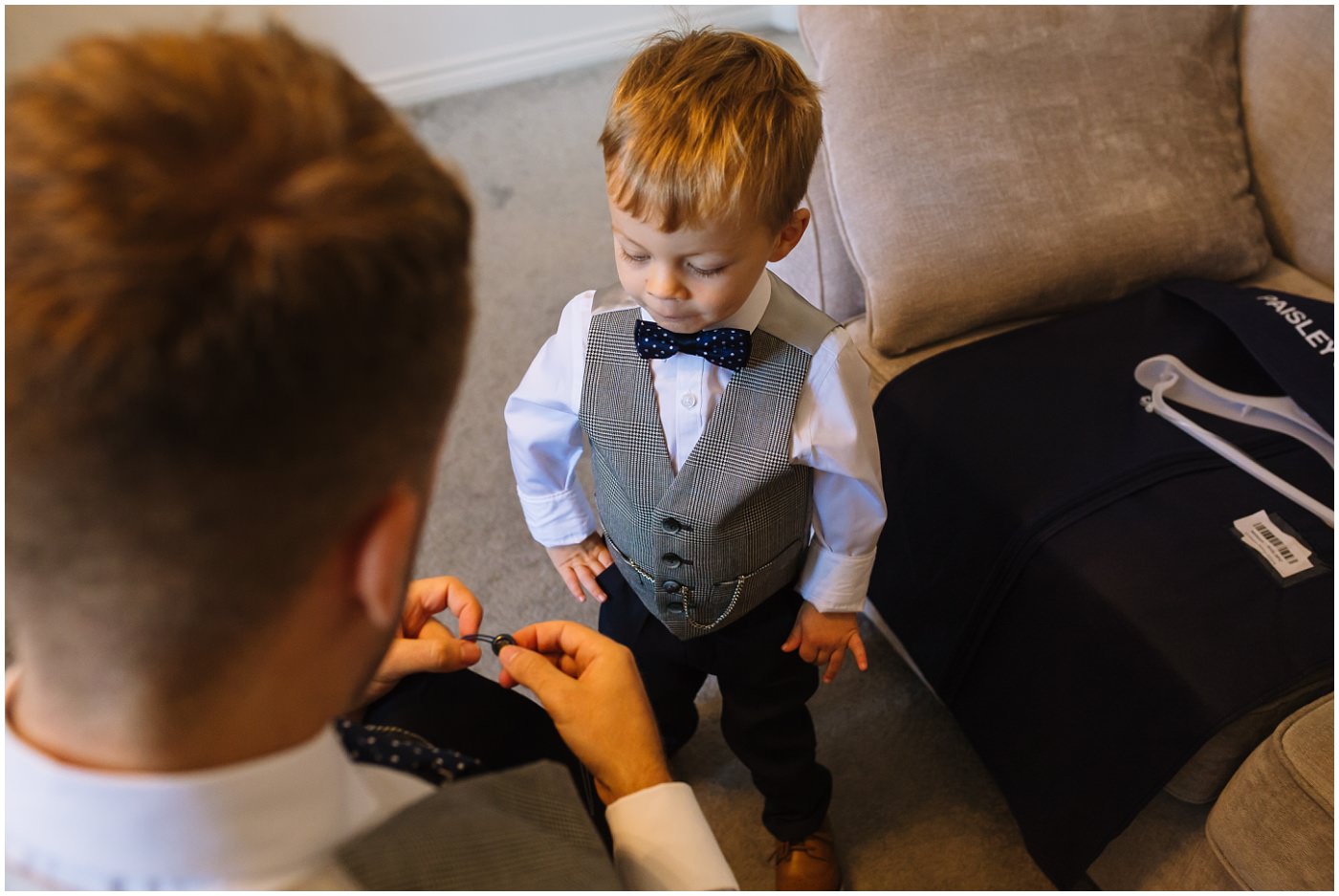 groom and son on wedding morning