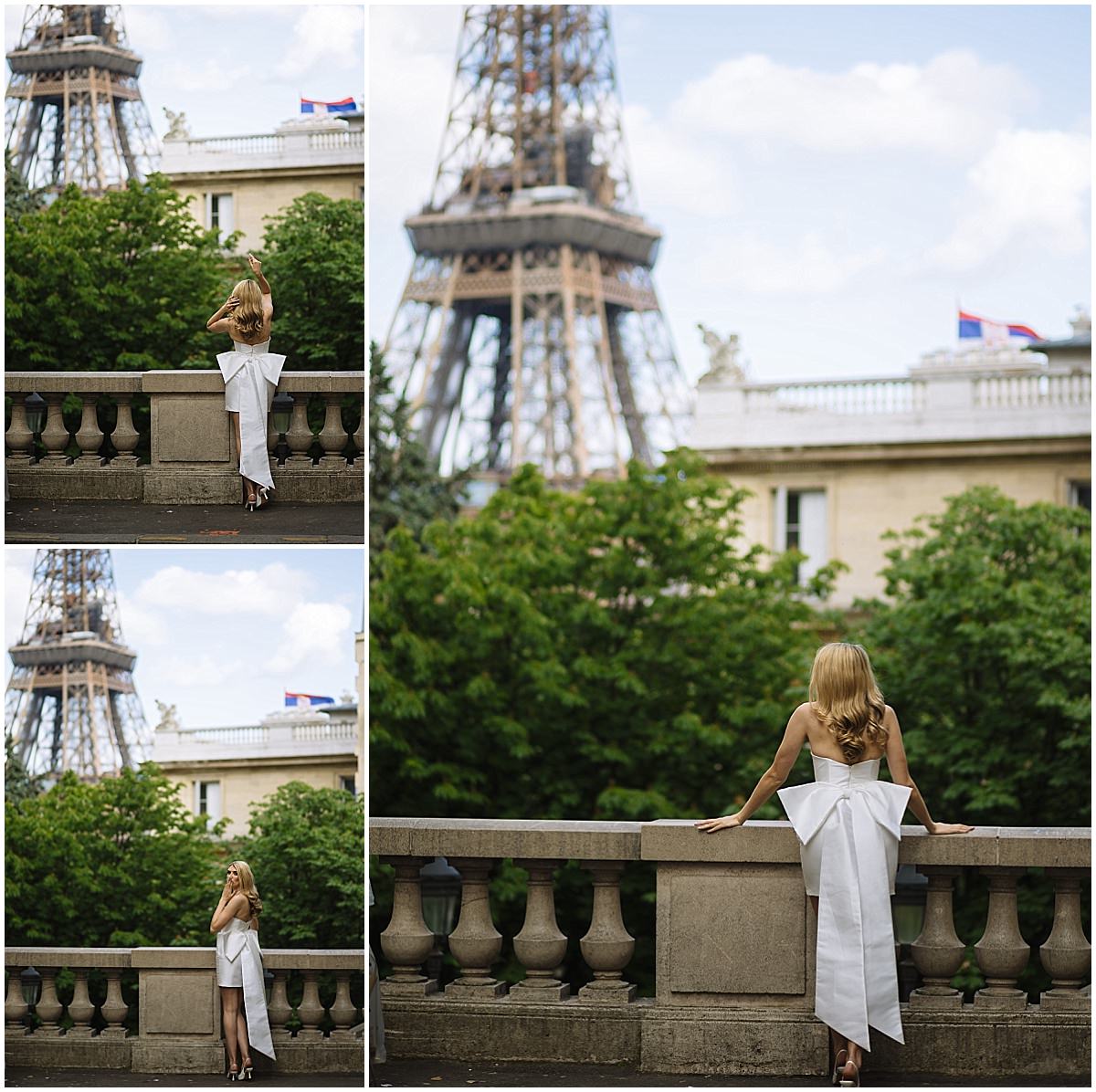 bride poses in short wedding dress in front of the Eiffel Tower