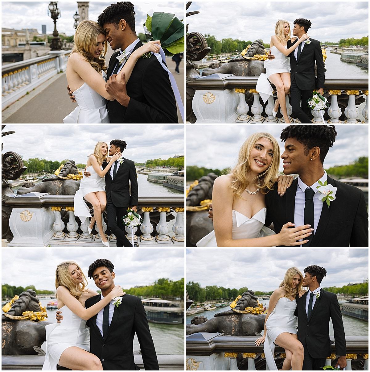 wedding couple pose on the pont alexander the third in paris