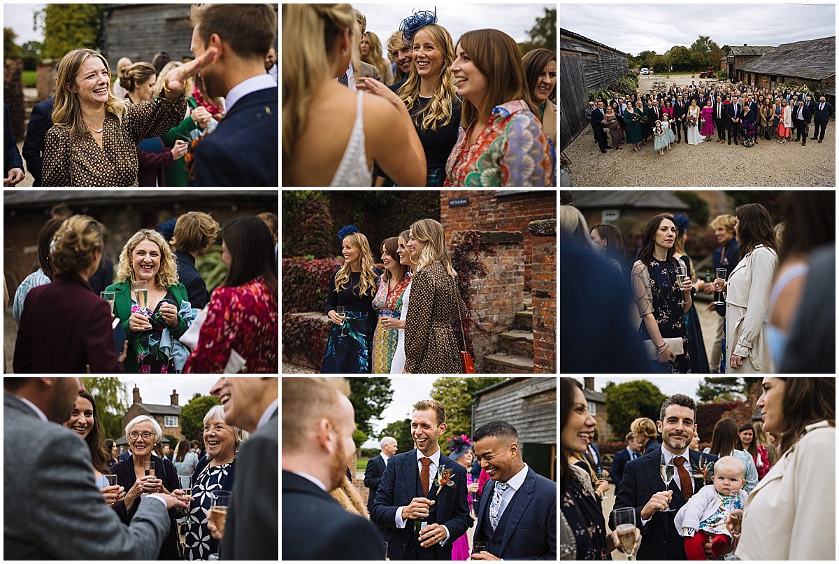 wedding guests enjoy the courtyard at stock farm