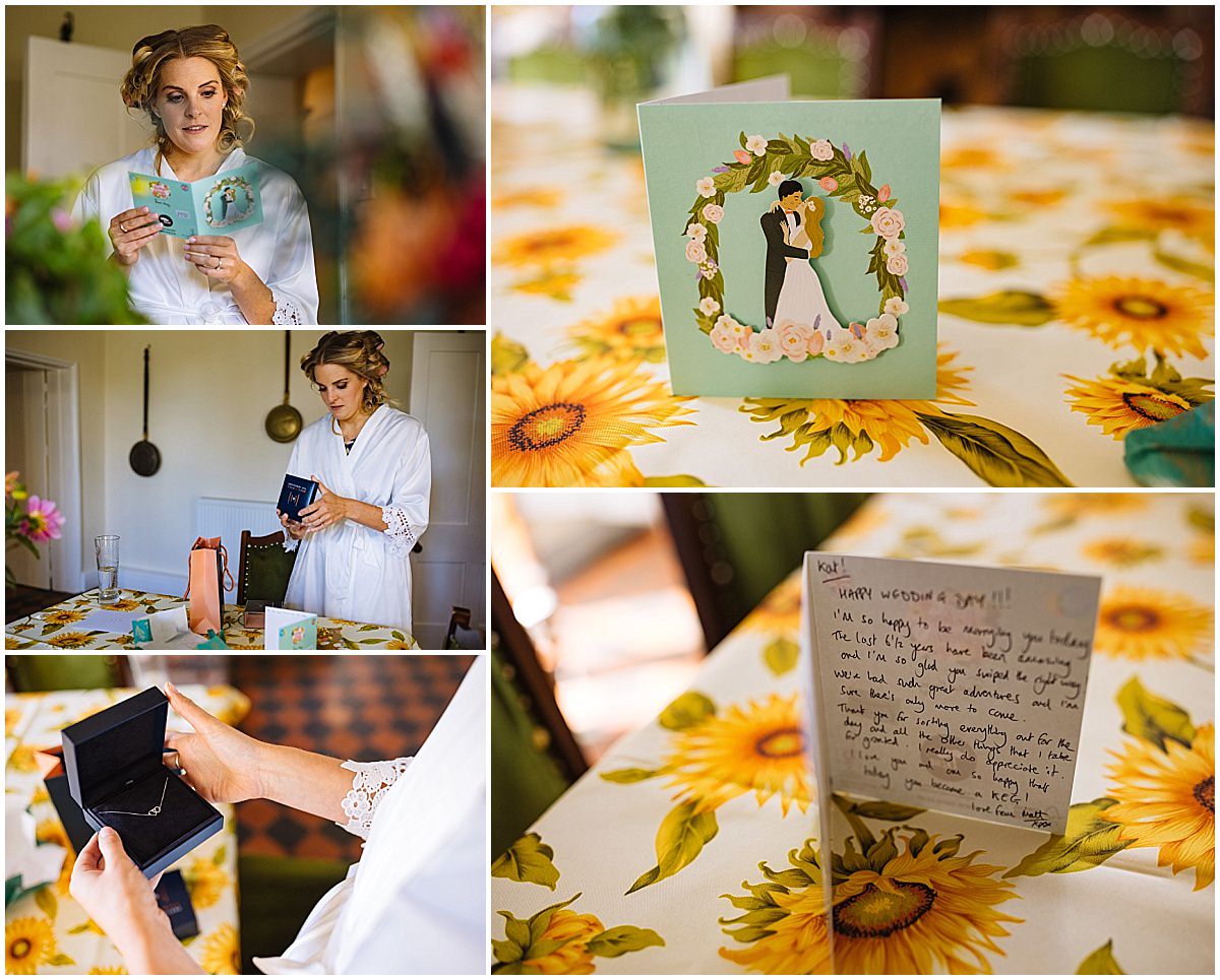 bride opens a card and present on her wedding morning