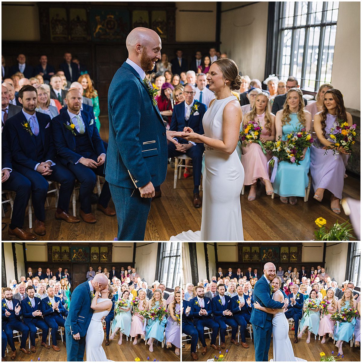 A collage of three wedding ceremony photos showing a bride and groom exchanging vows and rings in front of seated guests, sharing a kiss, and receiving applause from the attendees. The couple smiles joyfully, and the setting features historical architecture with large windows. The guests and bridal party are dressed in formal attire, with some holding colorful flower bouquets.