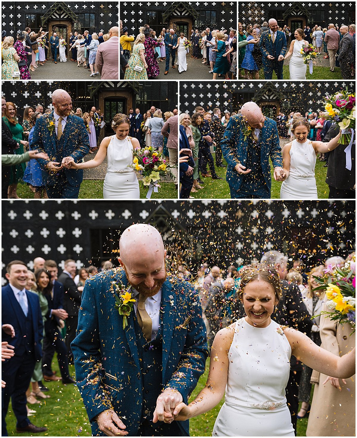 A collage of photos capturing a wedding couple smiling as guests throw flower petals at them during a celebration outside a gothic-style building at Samlesbury Hall.