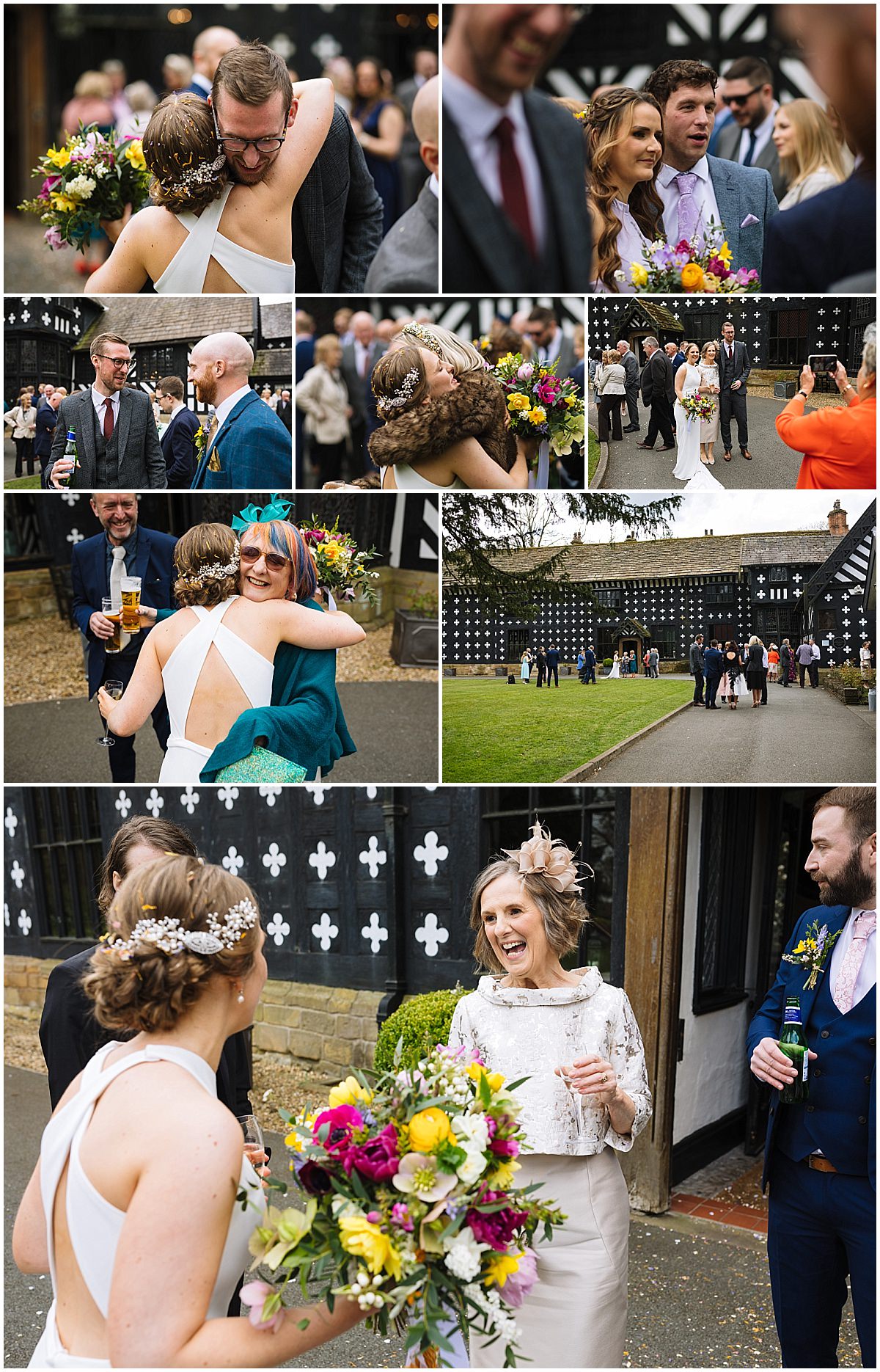 A collage of nine photos depicting various scenes from a wedding. Top row shows a couple embracing, a bride conversing with guests, and a group of attendees. Middle row features guests interacting and the bride and groom walking with a historic black and white building in the background. Bottom row shows the bride hugging a guest, guests mingling outside the venue, and a laughing woman in conversation. The overall mood is festive and joyful.