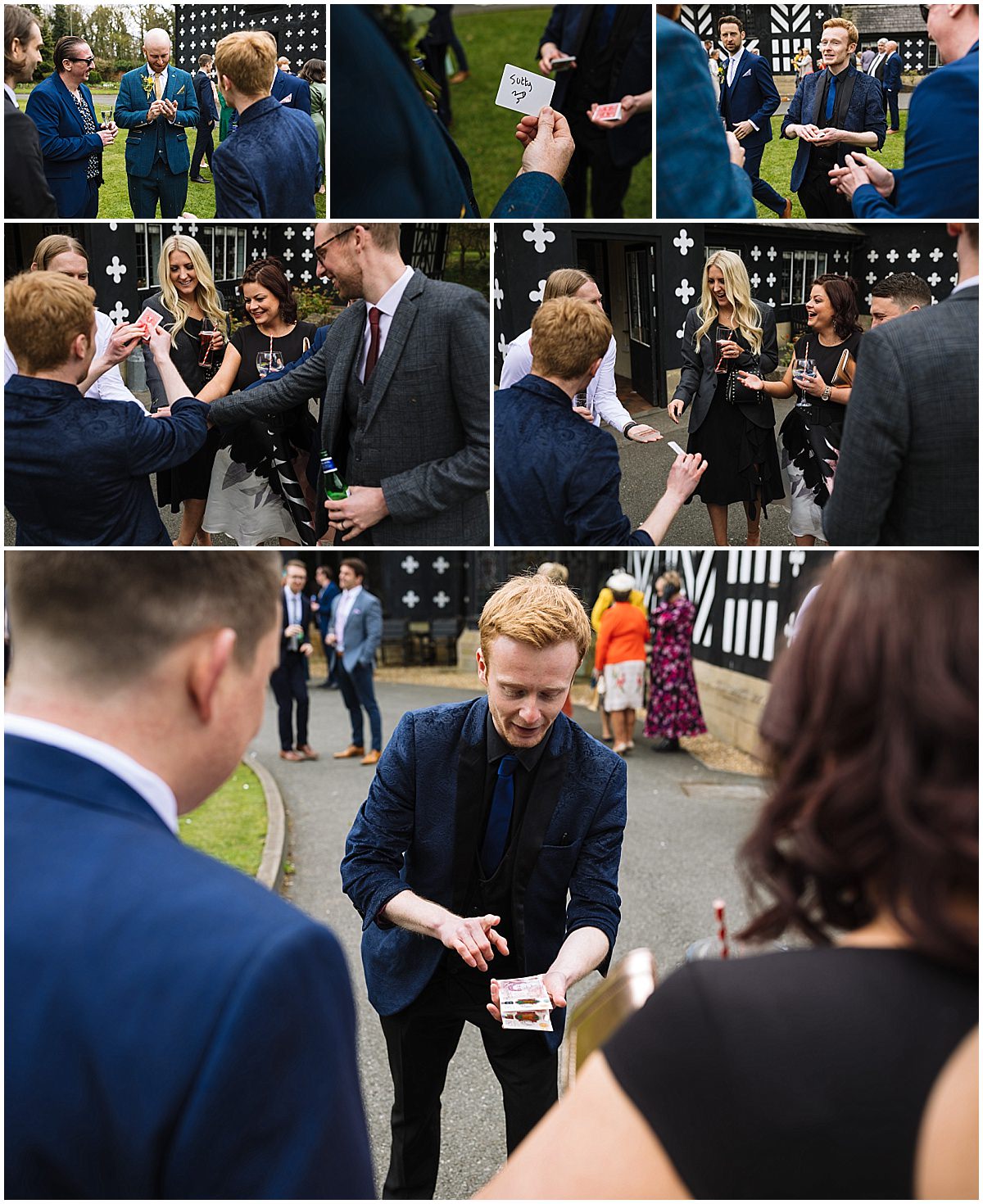 A collage of images showing a magician performing card tricks for a group of elegantly dressed people at a samlesbury hall wedding. The magician, holding cards and engaging with the guests, is featured in each of the five pictures, with onlookers expressing surprise and amusement.