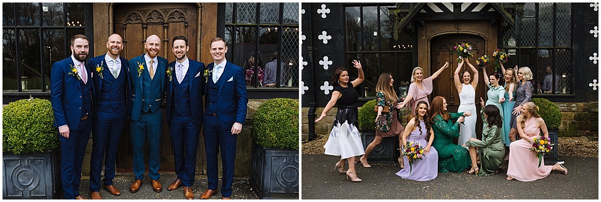Two side-by-side photos of wedding parties. On the left, a group of five men in matching blue suits with yellow boutonnieres stand in front of a historical building. On the right, a group of women in various dresses, holding bouquets and smiling, pose in front of the same building.