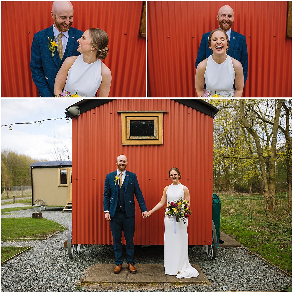 A collage of two wedding photos featuring a smiling couple. In the top image, the bride and groom are looking at each other with the groom slightly behind the bride against a red background. In the bottom image, they stand hand in hand in front of a small red cabin with the groom to the left and the bride to the right holding a bouquet, both smiling towards the camera.