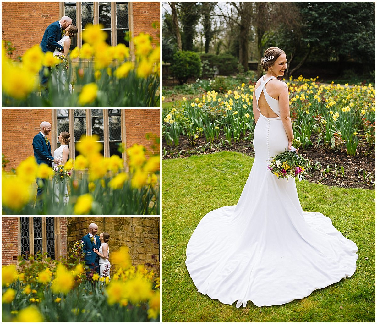 A collage of wedding photos featuring a bride in a white gown with a low back and a groom in a dark suit, both amidst vibrant yellow daffodils in a garden, including a close-up of them kissing and a shot of the bride looking over her shoulder while holding a bouquet.