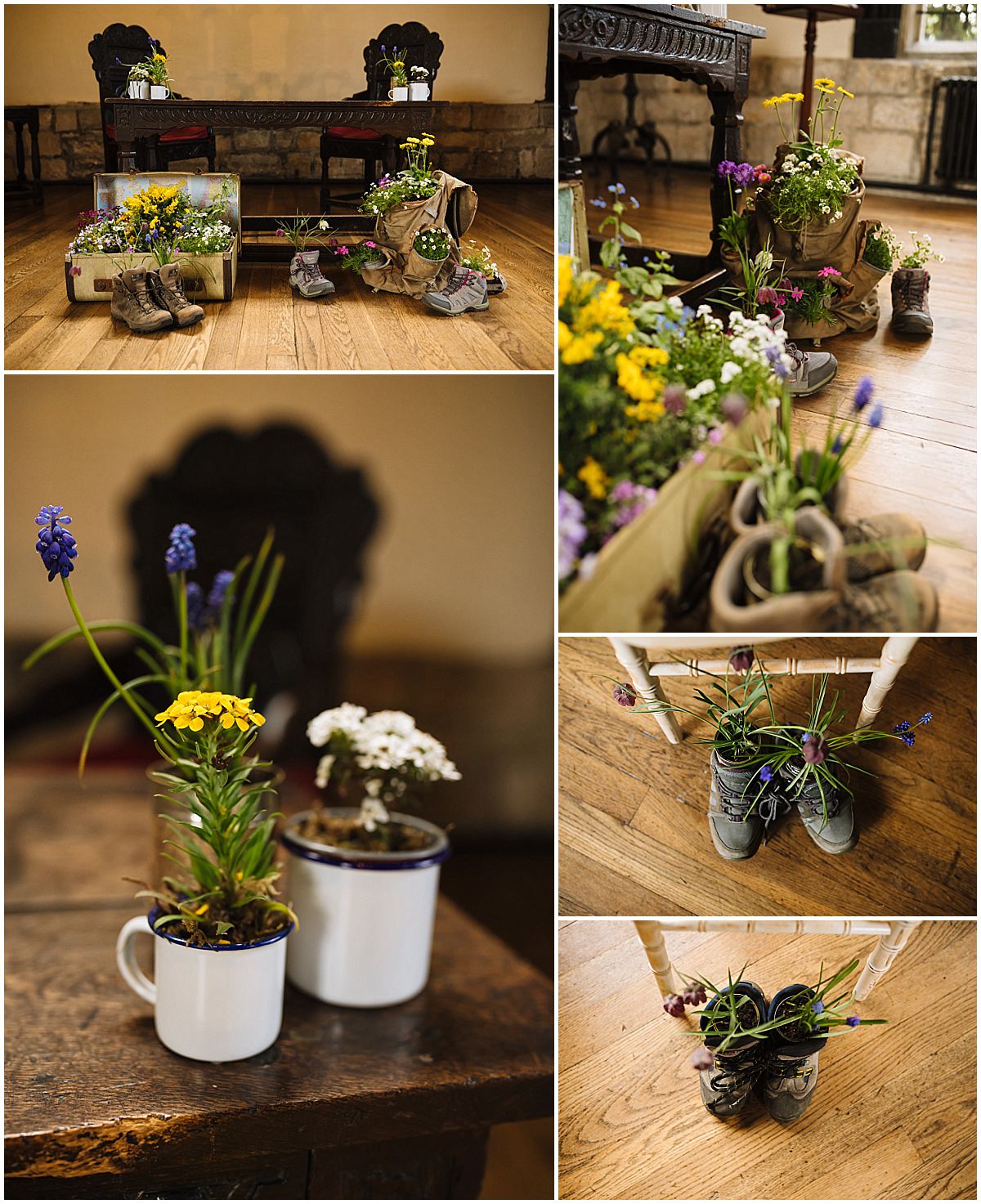 A collage of six images featuring rustic floral arrangements inside various unconventional containers such as boots, pots, and suitcases on a wooden floor inside a room with a bench and fireplace.
