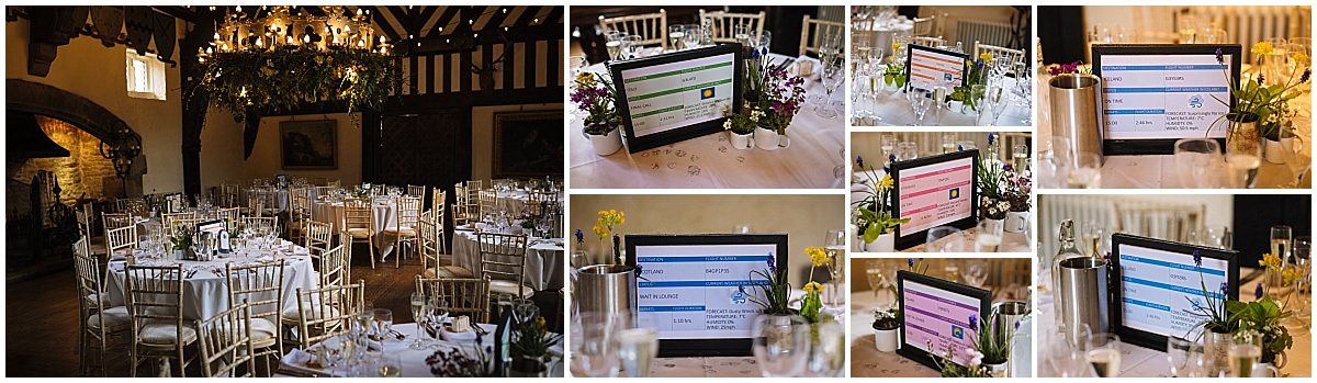 A collage of images showing a beautifully set Samlesbury Hall with exposed wooden beams and chandeliers, round tables dressed in white linens with floral centerpieces, and digital tablets displaying different colorful event welcome screens on each table.