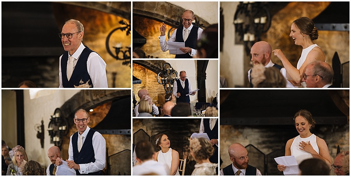 A collage of six images capturing moments at a wedding reception, featuring a man in a waistcoat giving a speech and a laughing woman in a white dress, with guests listening and reacting in an elegantly decorated venue with stone walls and vintage lighting.