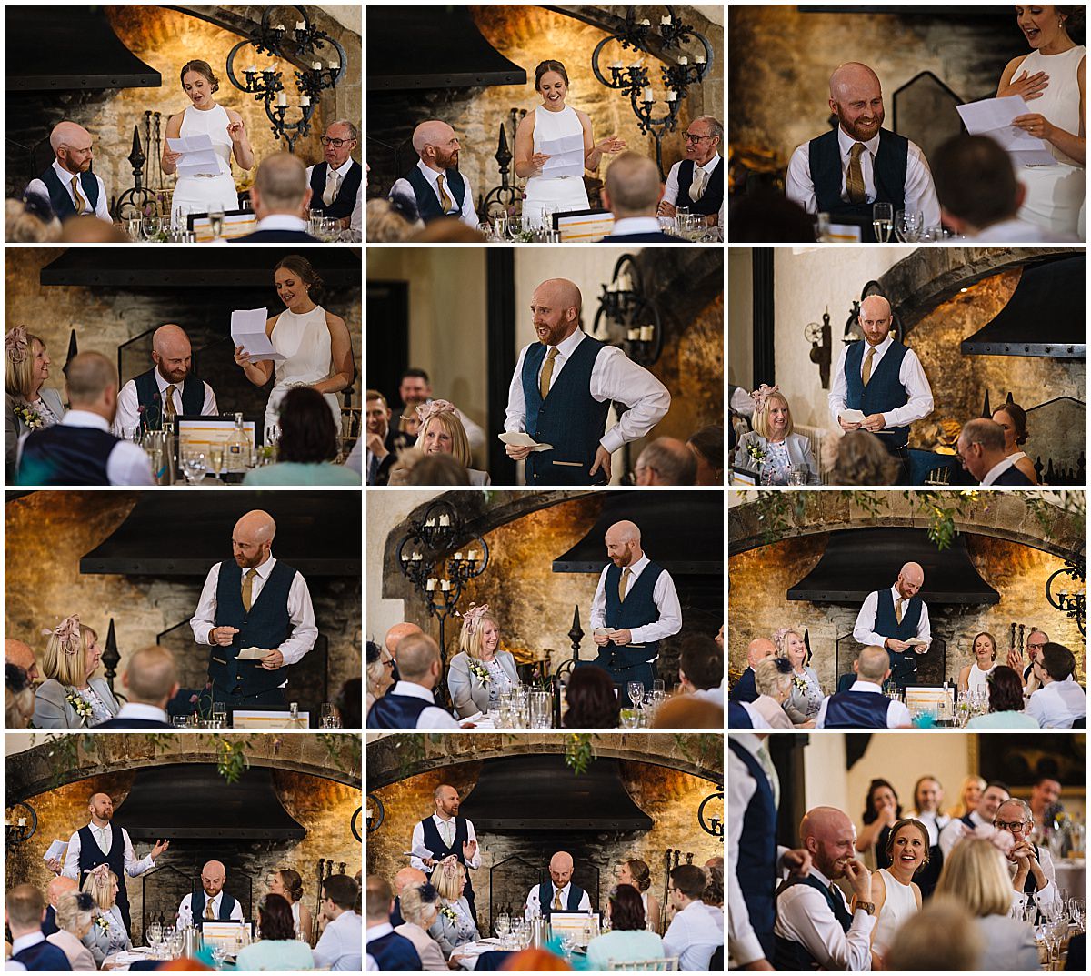 A collage of twelve images showing a man and woman giving speeches at a wedding reception in front of smiling guests.