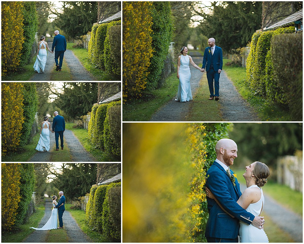 A collage of four wedding photos featuring a bride in a white dress and a groom in a blue suit walking hand in hand down a pathway lined with tall hedges, with close-up shots showing the couple smiling and looking at each other affectionately.