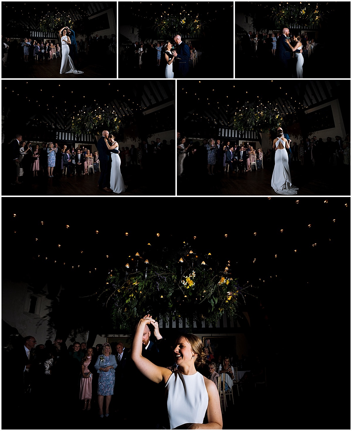 A collage of four photos capturing a bride and groom at their wedding reception. The couple is dancing under a canopy of flowers and string lights, with guests surrounding them. In sequence, the images show close-up and wide-angle views of their first dance, culminating in a shot focusing on the bride as she twirls, smiling brightly.