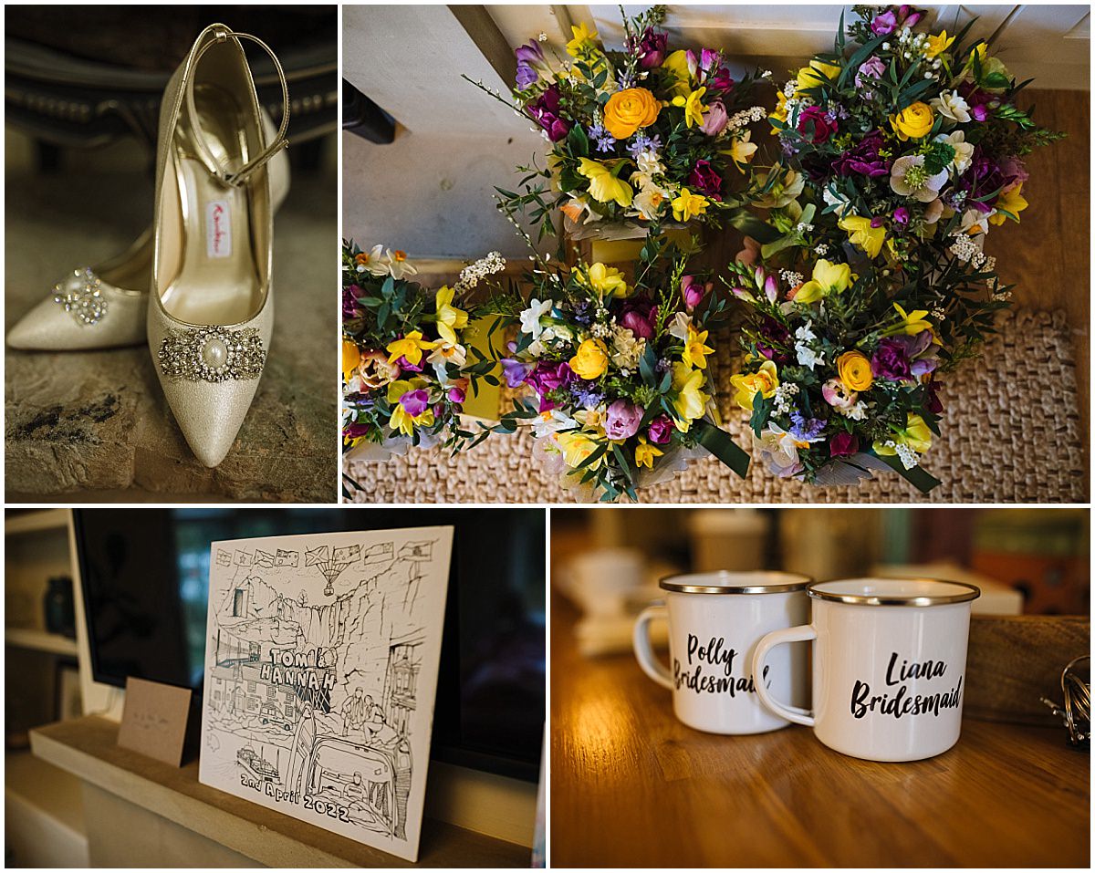 A collage of four wedding-related images: top left shows a pair of glittery pointed bridal shoes with jeweled embellishments; top right features three vibrant bridal bouquets with yellow, purple, and white flowers; bottom left displays a custom wedding illustration with names "Tom & Hanna" and a date; bottom right contains two mugs labeled "Polly Bridesmaid" and "Liana Bridesmaid."