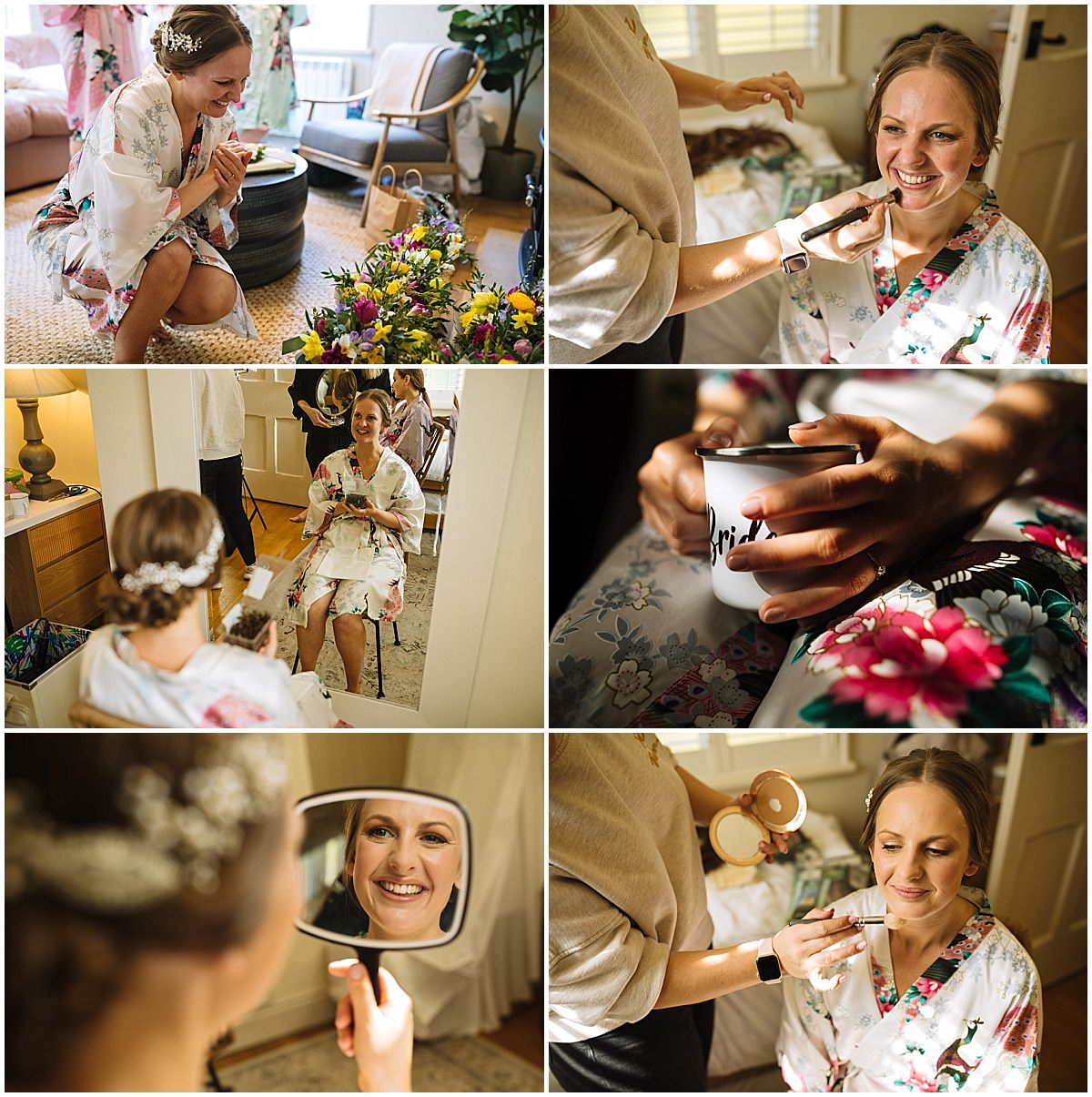 A collage of six images showing a bride's preparation on her wedding day at Samlesbury Hall. The photos feature her laughing while sitting on the floor, receiving makeup from a makeup artist, looking in a mirror, sitting in a chair reading a letter, holding a mug labeled "Bride," and getting her makeup done while holding a mirror. She's wearing a floral robe and appears to be in a room filled with natural light.