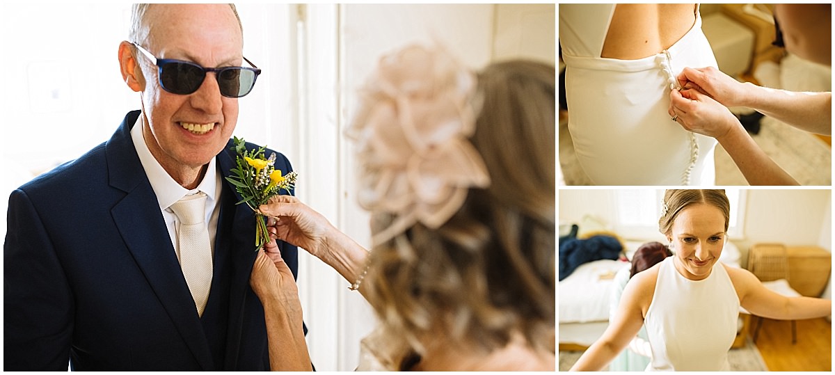 A collage of three wedding preparation photos. On the left, a smiling father of the bride in a blue suit and sunglasses is getting a boutonniere pinned to his lapel. Top right, hands fasten the back of a bride's white dress. Bottom right, the bride, dressed in a white gown, smiles as she gets ready.