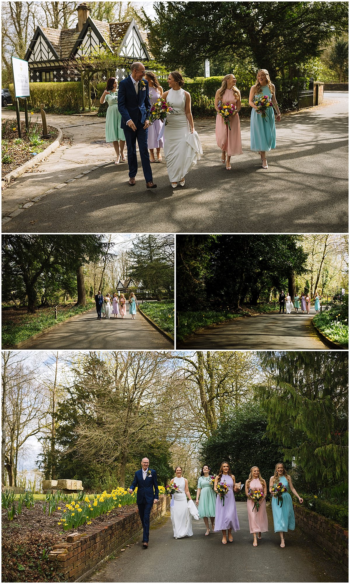 A collage of three images depicting a wedding party walking down a road in a serene outdoor setting. The top and bottom pictures show a group led by a bride in a white dress and a man in a suit, followed by bridesmaids in pastel-colored dresses, carrying bouquets. The central narrow image captures the party from a distance amidst lush greenery and a backdrop of trees with daffodils lining the roadside.