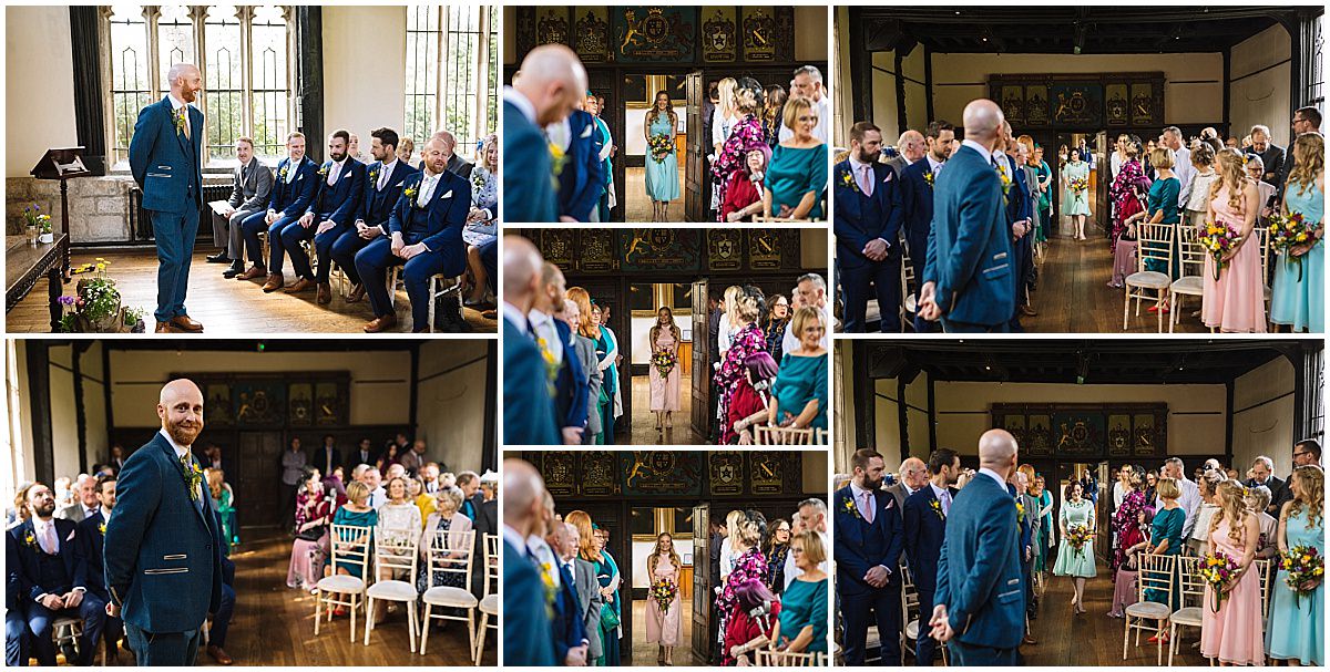 A collage of wedding ceremony moments in a historic venue with stained glass windows. In various images, a groom in a blue suit waits at the altar, smiling as the bride walks down the aisle, and guests turned in their seats to watch. The room is adorned with floral decorations and attendees are dressed in formal attire.