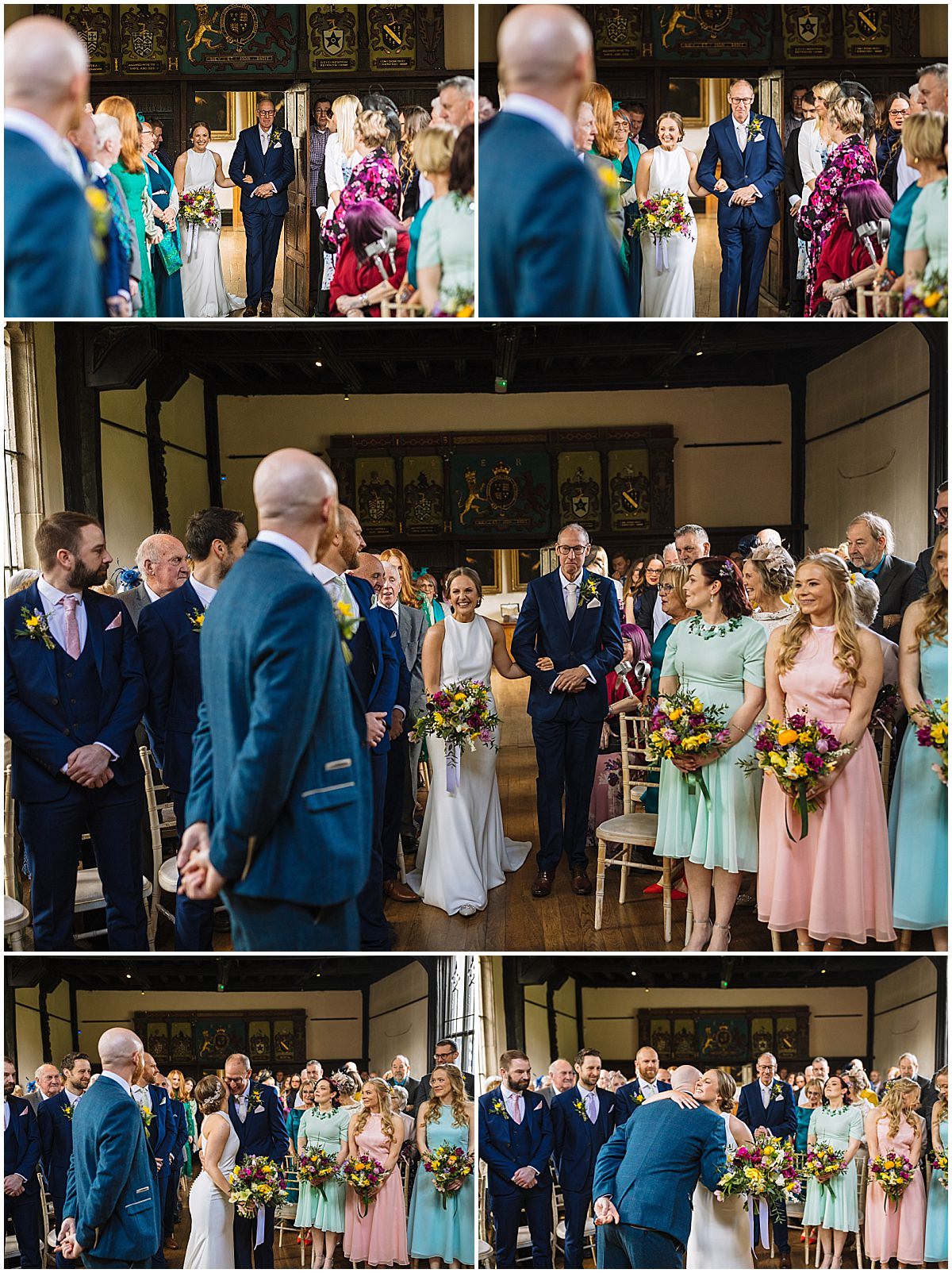 A collage of wedding ceremony photos in a room with historical decor. The top two images show a bride in a white dress and her father in a blue suit walking down the aisle, smiling and looking at guests. The bottom left image captures the groom, facing away from the camera, watching the bride approach. The bottom right image features the bride and groom at the altar with the bridal party lined up on either side, wearing pastel dresses and blue suits, and the groom is leaning in for a kiss on the bride's cheek.